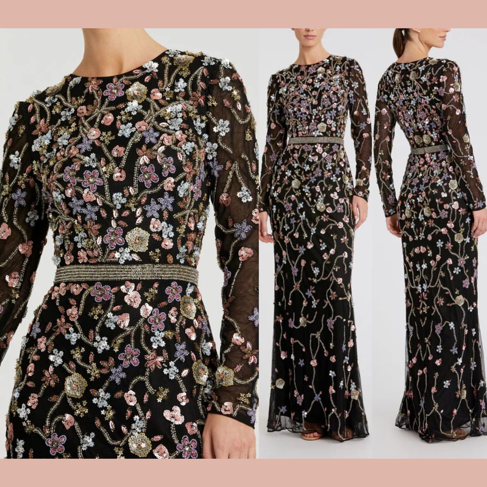 NWT $598 MAC DUGGAL [ 16 ] 9135 Long Sleeve Embellished Mesh‎ Gown in Black